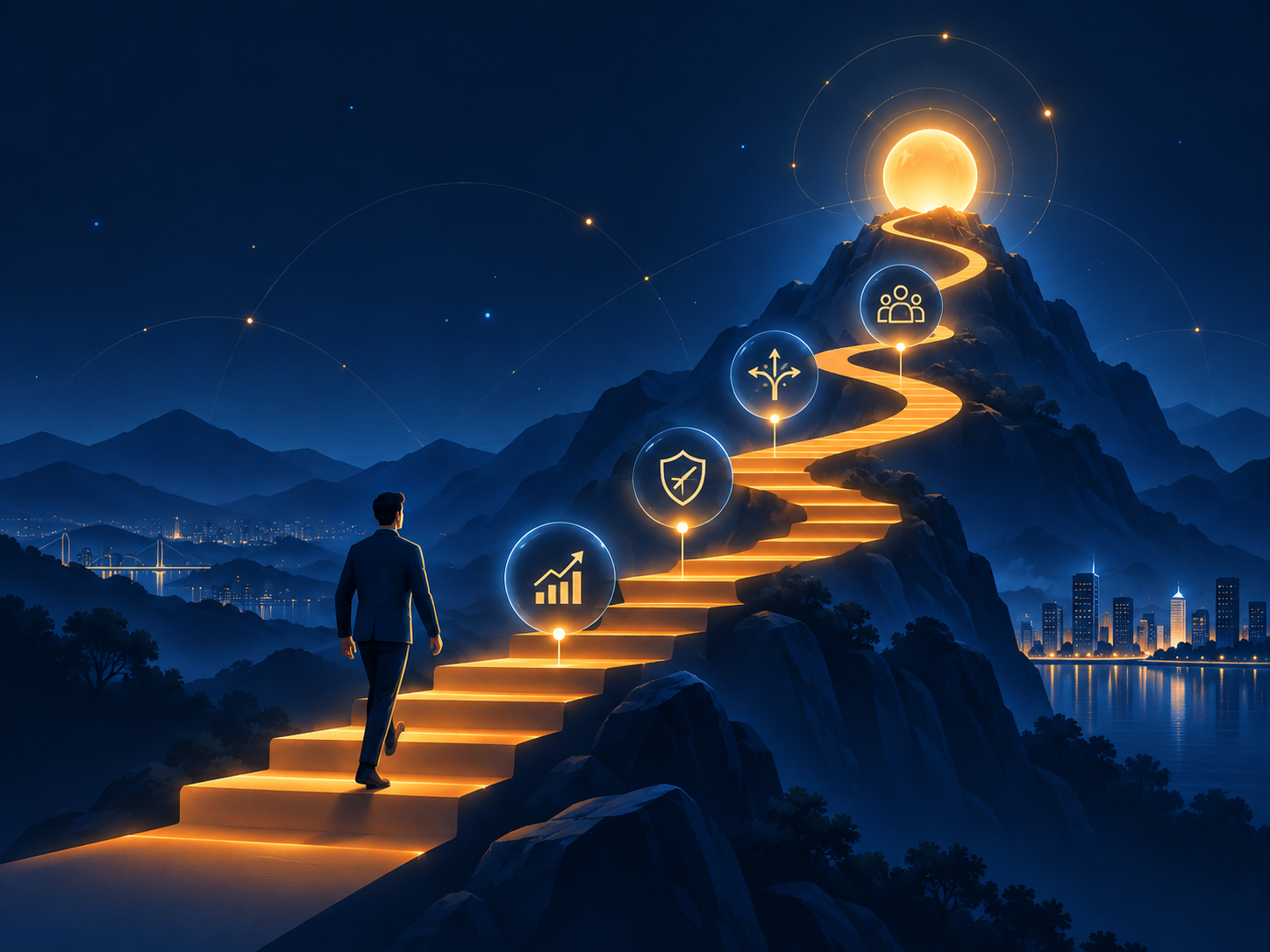 A person climbing a glowing staircase toward a mountain summit at night, symbolising the Journey2Wealth financial journey